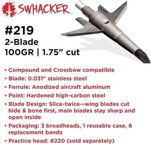 Swhacker #219 Crossbow Broadheads 100 Grain, 2-Blade Mechanical Expandable Broadhead, 1.75" Cut, Patented Two-Slice Technology, Precision Crossbow Hunting Broadheads, 3 Pack in Saudi Arabia