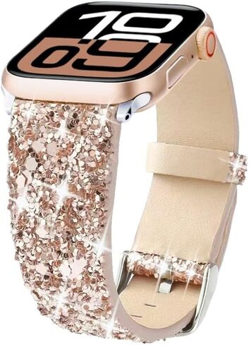 Bling Band Compatible with Apple Watch Bands 38mm 40mm 41mm 42mm 44mm 45mm 46mm 49mm Ultra 3/2/1, Glitter Sparkle Leather Strap For iWatch Band Series 11/10/9/8/7/6/5/4/3/2/1 & SE3 SE2 SE in Saudi Arabia
