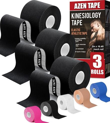 AZEN 3 Rolls Kinesiology Tape, 16.4 ft Waterproof Kinetic Tape for Joints Support and Muscle Pain Relief, Uncut Muscle Tape, Knee Tape, Athletic Tape - Black in Saudi Arabia