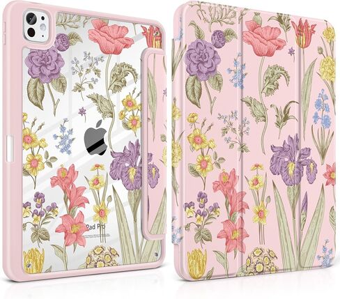 DONGKE for iPad Pro 11-Inch Case (M5 2025 / M4 2024), 6th/5th Generation, [Auto Sleep/Wake & Pencil Pro Holder] Clear Acrylic Back Smart Trifold Stand Cover, Pink Florals in Saudi Arabia
