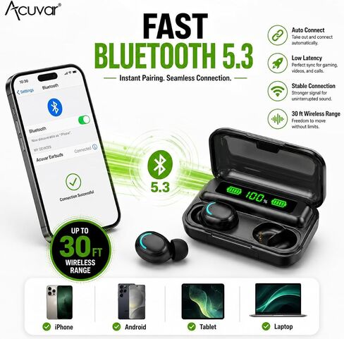 سماعات رأس Acuvar لاسلكية بالكامل بتقنية البلوتوث 5.0 قابلة لإعادة الشحن IPX7 مقاومة للماء مع ميكروفون، حافظة وقت تشغيل تزيد عن 100 ساعة، باس ستيريو محيطي قوي وإلغاء الضوضاء السلبية (أسود) in Kuwait