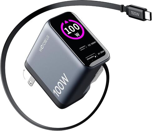 GaN+ 100W PD Charger, Retractable USB C Charger with Smart Display & Touch Control, PD100W Wall Adapter, PPS 60W 45W Super Fast Charging for iPhone 17 16 MacBook Galaxy Pixel (Non-Battery) in Kuwait