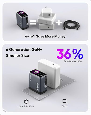 GaN+ 100W PD Charger, Retractable USB C Charger with Smart Display & Touch Control, PD100W Wall Adapter, PPS 60W 45W Super Fast Charging for iPhone 17 16 MacBook Galaxy Pixel (Non-Battery) in Kuwait
