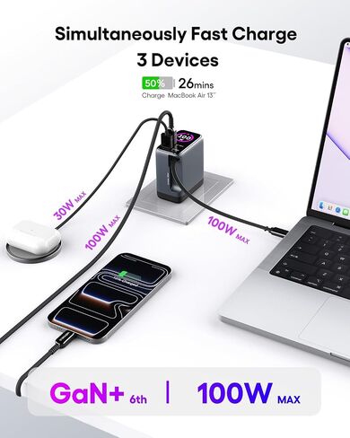 GaN+ 100W PD Charger, Retractable USB C Charger with Smart Display & Touch Control, PD100W Wall Adapter, PPS 60W 45W Super Fast Charging for iPhone 17 16 MacBook Galaxy Pixel (Non-Battery) in Kuwait