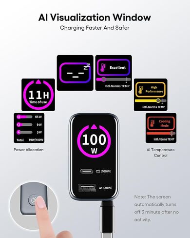 GaN+ 100W PD Charger, Retractable USB C Charger with Smart Display & Touch Control, PD100W Wall Adapter, PPS 60W 45W Super Fast Charging for iPhone 17 16 MacBook Galaxy Pixel (Non-Battery) in Kuwait