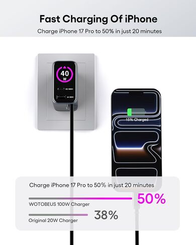 GaN+ 100W PD Charger, Retractable USB C Charger with Smart Display & Touch Control, PD100W Wall Adapter, PPS 60W 45W Super Fast Charging for iPhone 17 16 MacBook Galaxy Pixel (Non-Battery) in Kuwait