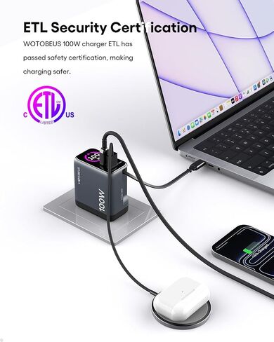 GaN+ 100W PD Charger, Retractable USB C Charger with Smart Display & Touch Control, PD100W Wall Adapter, PPS 60W 45W Super Fast Charging for iPhone 17 16 MacBook Galaxy Pixel (Non-Battery) in Kuwait