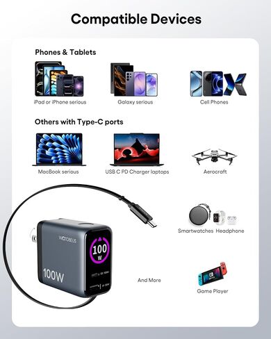 GaN+ 100W PD Charger, Retractable USB C Charger with Smart Display & Touch Control, PD100W Wall Adapter, PPS 60W 45W Super Fast Charging for iPhone 17 16 MacBook Galaxy Pixel (Non-Battery) in Kuwait
