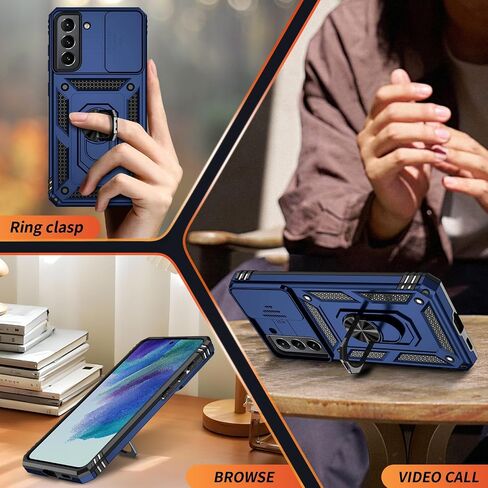 Vinve for Samsung Galaxy S21 Case, Slide Lens Cover, HD Screen Protector, Military Grade Drop Protection, Magnetic Rotated Ring Holder Kickstand Protective Phone Case (Navy Blue) in Saudi Arabia