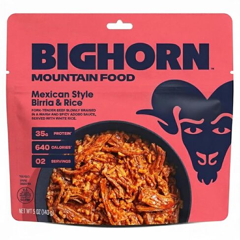 BIGHORN Mountain Food Mexican Style Birria and Rice - contains 4 packs | 8 servings | 140g Protein | 2,560 Calories - premium freeze dried meals for backpacking food - dehydrated camping food for backpacking meal - just add water - great taste in Saudi Arabia