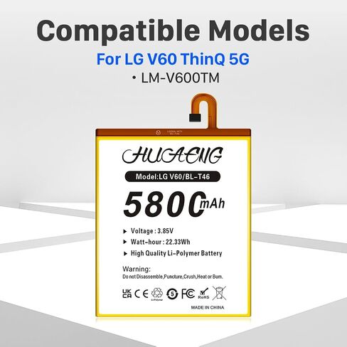 Battery for LG V60 ThinQ, Upgraded [5800mAh] BL-T46 High Capacity Battery Replacement for LG V60 ThinQ 5G LM-V600TM T-Mobile/Sprint/U.S. Cellular with Repair Tool Kit in Kuwait