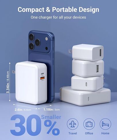 شاحن حائط قابل للسحب 4 في 1، شاحن USB-C بقدرة 65 وات مع منافذ USB مزدوجة، كابلات Lightning وType-C مدمجة بطول 2.6 قدم، شاحن متعدد قابل للطي سريع الشحن لهاتف iPhone 17/16/15 in Kuwait