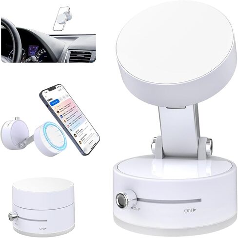 Vacuum Magnetic Phone Holder, Foldable Car Mount with Windshield Suction Cup & Metal Ring Compatible with iPhone 17 16 15 14 13 12, Samsung All Smartphones, White in Saudi Arabia