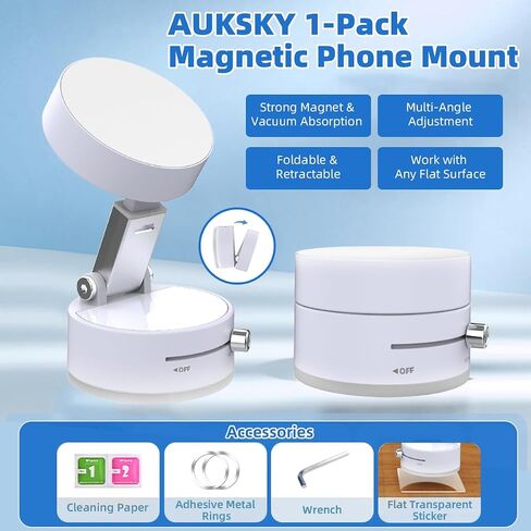 Vacuum Magnetic Phone Holder, Foldable Car Mount with Windshield Suction Cup & Metal Ring Compatible with iPhone 17 16 15 14 13 12, Samsung All Smartphones, White in Saudi Arabia