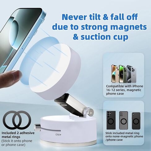Vacuum Magnetic Phone Holder, Foldable Car Mount with Windshield Suction Cup & Metal Ring Compatible with iPhone 17 16 15 14 13 12, Samsung All Smartphones, White in Saudi Arabia