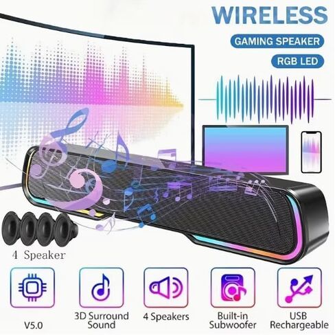 Bluetooth Computer Soundbar Speakers, Rechargeable Gaming Sound Bar with RGB, Support FM Radio/TF Card/AUX/USB Playback, Speakers for Desktop, Laptop, TV, Phone, HD Stereo Loud Sound, Punchy Bass in Saudi Arabia