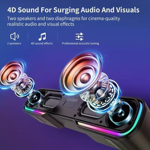 Bluetooth Computer Soundbar Speakers, Rechargeable Gaming Sound Bar with RGB, Support FM Radio/TF Card/AUX/USB Playback, Speakers for Desktop, Laptop, TV, Phone, HD Stereo Loud Sound, Punchy Bass in Saudi Arabia
