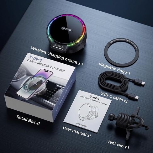3-in-1 Wireless Charging Car Mount, 25W Magnetic Qi Charger for Phone, Apple Watch and Earbuds, Air Vent Clip, USB-C Cable Included (Black) in Kuwait