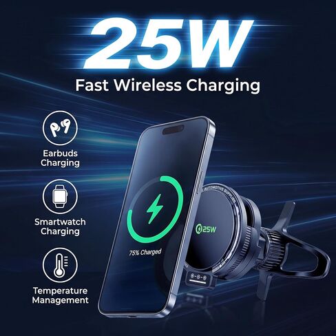 3-in-1 Wireless Charging Car Mount, 25W Magnetic Qi Charger for Phone, Apple Watch and Earbuds, Air Vent Clip, USB-C Cable Included (Black) in Kuwait