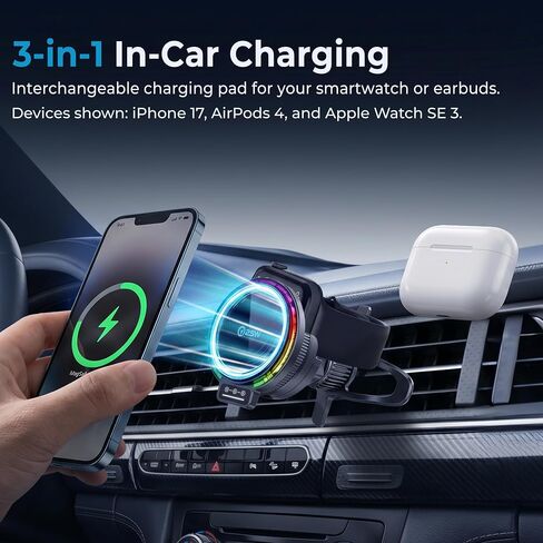 3-in-1 Wireless Charging Car Mount, 25W Magnetic Qi Charger for Phone, Apple Watch and Earbuds, Air Vent Clip, USB-C Cable Included (Black) in Kuwait
