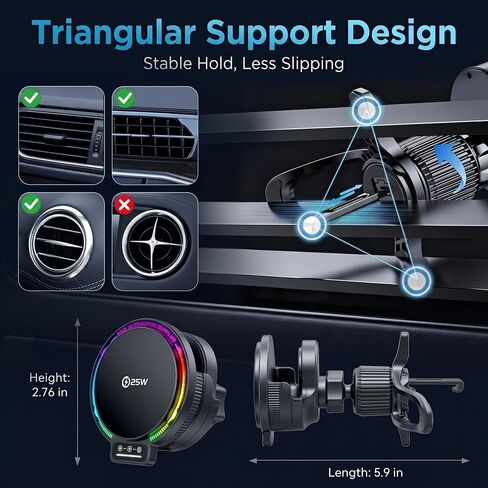 3-in-1 Wireless Charging Car Mount, 25W Magnetic Qi Charger for Phone, Apple Watch and Earbuds, Air Vent Clip, USB-C Cable Included (Black) in Kuwait