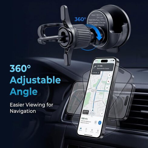 3-in-1 Wireless Charging Car Mount, 25W Magnetic Qi Charger for Phone, Apple Watch and Earbuds, Air Vent Clip, USB-C Cable Included (Black) in Kuwait