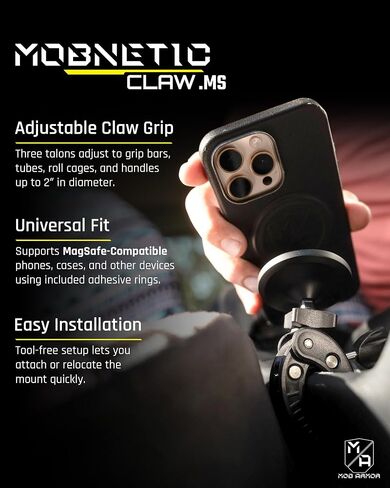 Mob Armor MobNetic Claw .MS MagSafe Compatible Claw Phone Mount – Adjustable Grip for Tubes 0.25‑2", Iron‑Strong Magnetic Hold, 360° Spin & 50° Tilt for Trucks, Work Rigs, Cars & Closed Cabs in Saudi Arabia