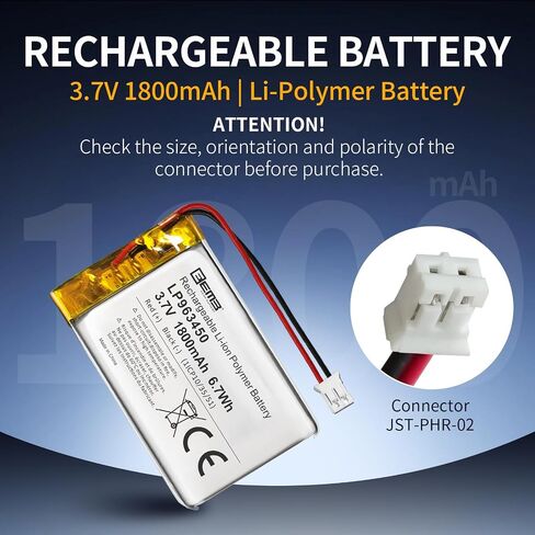 EEMB 3.7V 963450 1800mAh Lipo Battery Rechargeable JST 2.0mm, 1-Pack in Kuwait
