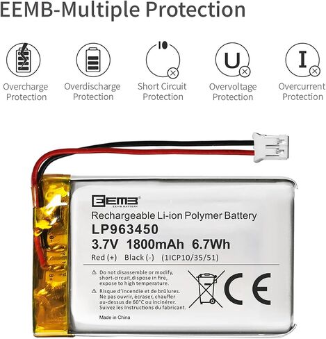 EEMB 3.7V 963450 1800mAh Lipo Battery Rechargeable JST 2.0mm, 1-Pack in Kuwait