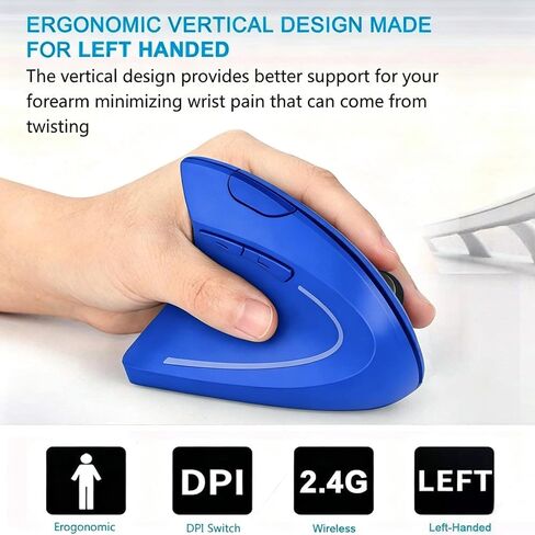 Ergonomic Left-Handed Wireless Vertical Mouse, 2.4G, 3 Adjustable DPI (800/1200/1600), Specially for Left Handers（Color: Blue） in Saudi Arabia