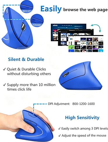 Ergonomic Left-Handed Wireless Vertical Mouse, 2.4G, 3 Adjustable DPI (800/1200/1600), Specially for Left Handers（Color: Blue） in Saudi Arabia