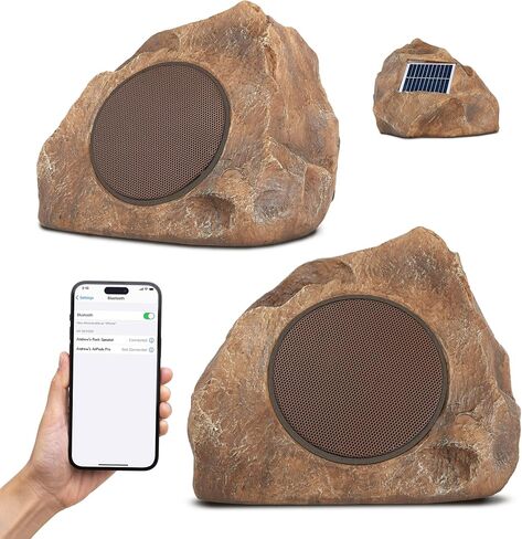 Homewell Outdoor Rock Speaker Solar-Powered Wireless Bluetooth 5.0 Portable Speaker Weatherproof for Patio, Pool, Deck, Yard, Garden and Home (Brown, 2-Pack) in Kuwait
