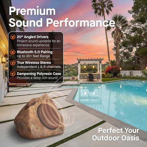 Homewell Outdoor Rock Speaker Solar-Powered Wireless Bluetooth 5.0 Portable Speaker Weatherproof for Patio, Pool, Deck, Yard, Garden and Home (Brown, 2-Pack) in Kuwait