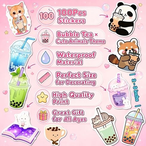 100Pcs Cute Boba Stickers by ROTY Waterproof for Water Bottle Laptop in Kuwait