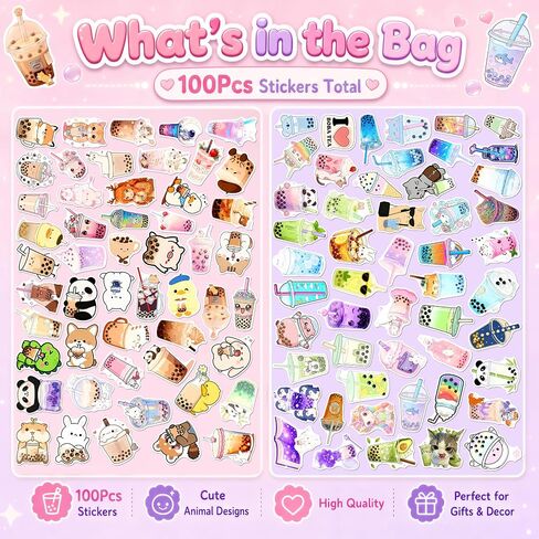 100Pcs Cute Boba Stickers by ROTY Waterproof for Water Bottle Laptop in Kuwait