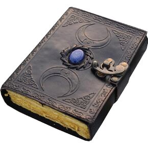 book of shadows spell book grimoire journal witchcraft books 200 Antique Deckle Edge Blank Paper Semi Precious Stone Black Triple Moon third eye unlined sketchbook Witch Journal for Men Women 7x5 Inch