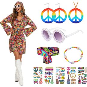 7PCS Halloween 70s Costume for Women 70s Disco Costume Dress Hippie Vintage Style Clothing for Girls