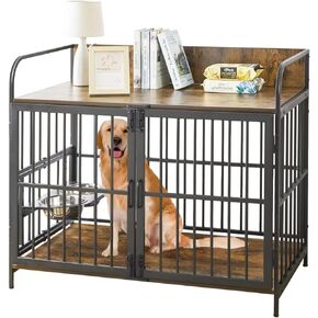 SEPTBOT Dog Crate Furniture for Medium Dogs, 41" Clearance Dog Kennel Indoor with Double Doors, Heavy Duty Kennel Furniture with 2 Stainless Steel Bowls, Indoor Use, 41" L X 24" W 36" H