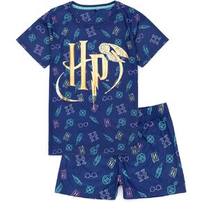 Harry Potter Kids Pyjama Set | Girls Gold Foil Logo Navy Short Sleeve T-Shirt & Shorts Loungewear PJs Bundle