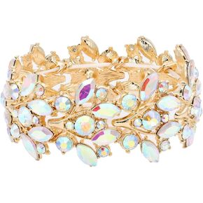 Lavencious Intricate Leaf Design Crystal Stretch Bracelet Bridal Wedding Jewelry for Women 7"