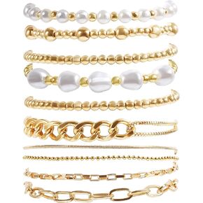 10Pcs Gold Beaded Bracelets for Women，Dainty Gold Bracelet Set Pearl Stack Bracelets Trendy Jewelry Gift for Gilrs