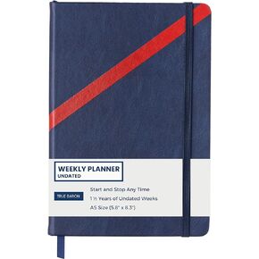 True Baron, Undated Weekly Planner, Simplified Daily and Weekly Agenda, To Do List Organizer, Goal and Habit Scheduler, A5 Size, Navy Red PU Leather, Start and Stop Anytime