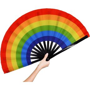 Large Folding Hand Fan for Women Men, Rave Big Foldable Bamboo Renaissance Handheld Fan Folding Fan for Festival, EDM, Dancing, Hot Flashes, Gift, Performance (DJ Lighting)