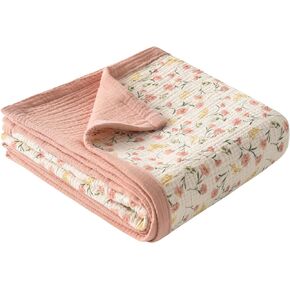 Little Jump Muslin Baby Blankets for Girls, Large 47" x 47" Cotton Crib Blanket for Baby Infant Toddler, Soft Breathable and Lightweight Toddler Quilt for Girls (Peach Floral)