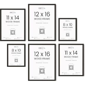 Natural Wood Black Frames for Gallery Wall - Set of 6 Black Photo Frames with Plexiglass, Black Picture Frames Set Multiple Sizes (Two 8x10, Two 11x14, Two 12x16 Framed Black)