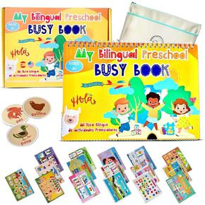 Little Charlie Lu Busy Book for Toddlers 3 and Up – Preschool Learning Activities Bilingual Book in Spanish and English with 32 Activities – Educational Toddler Activity Book with 8 Color Markers