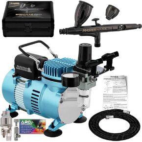 Master Airbrush Cool Runner II Dual Fan Air Compressor System Kit with Master Elite Plus Level Performance Airbrush Set, Case, Dual-Action, 0.3mm Tip, 2 Cups, Hose, Holder, Filter - Hobby Auto Art
