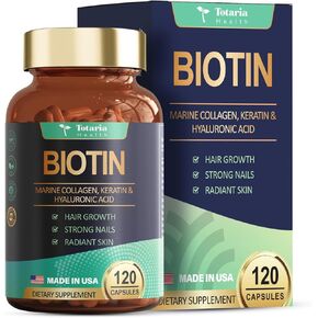 بيوتين 10000 ميكروجرام، كيراتين كولاجين بحري، حمض الهيالورونيك، دعم نمو الشعر، فيتامين أ، ج، د3، هـ، نياسين، شعر صحي، بشرة وأظافر، فيتامينات متعددة الفيتامينات للنساء والرجال، 120 كبسولة in Kuwait