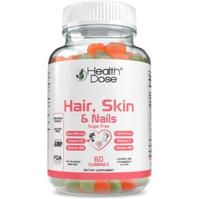 Hair Skin Nails with Biotin 5000 mcg, Vitamin A,D3,C & B6, Gluten & Sugar Free, Coconut & Strawberry Flavor 60 Count Gummies.