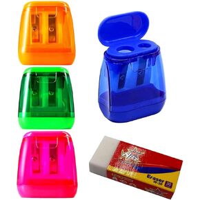 Performore 4 Pack of Pencil Sharpeners with 1 Free Eraser, Compact Dual Holes Handheld Pencil Sharpeners with Lid for Kids, Colored Orange Green Blue Pink